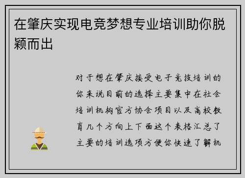 在肇庆实现电竞梦想专业培训助你脱颖而出